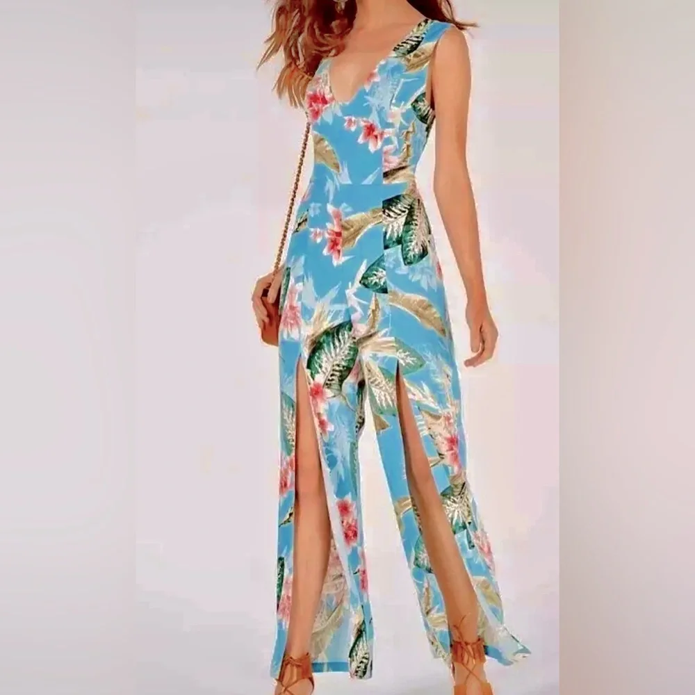 Guess Women's Bombay Jumpsuit Voyager Palm Print Blue‎ - Size 10 NWT